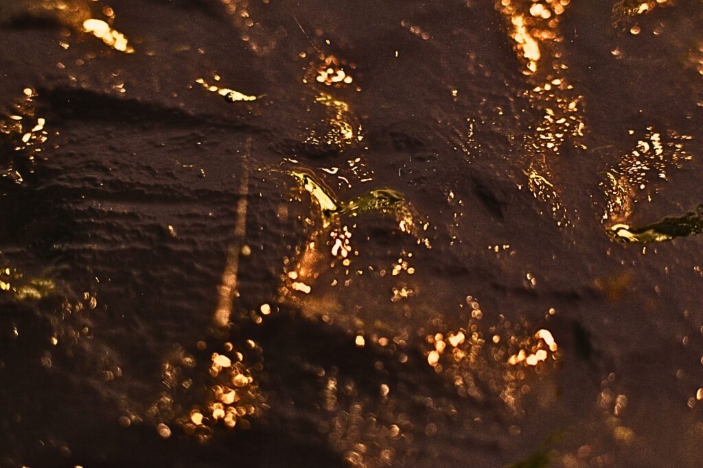 Abstrakte Nahaufnahme einer dunklen, rauen Oberfläche mit goldenen Lichtreflexen und Bokeh-Effekten.