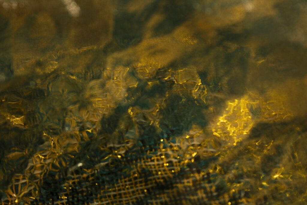 Ozean-Glas-03 Abstrakte Nahaufnahme mit goldenen Lichtakzenten und organischer Textur.